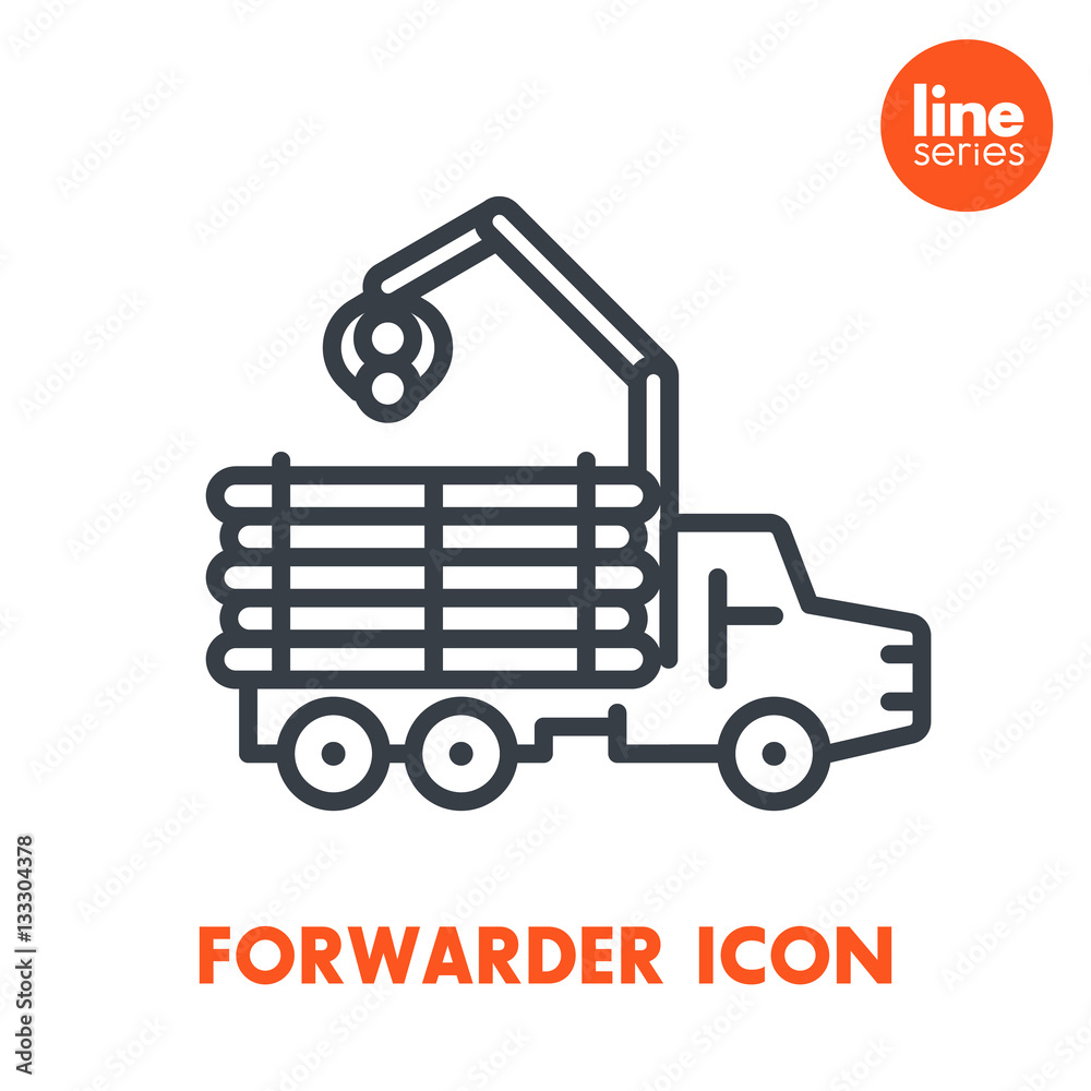 Forwarder line icon isolated over white, forestry vehicle, lorry, logging truck vector pictogram
