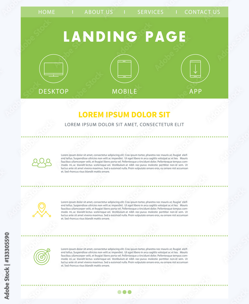 Fototapeta premium Landing page concept, flat website design template, in green, white and yellow