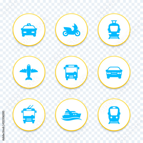 Passenger transport icons set, public transportation, bus, subway, tram, taxi, airplane, ship photo