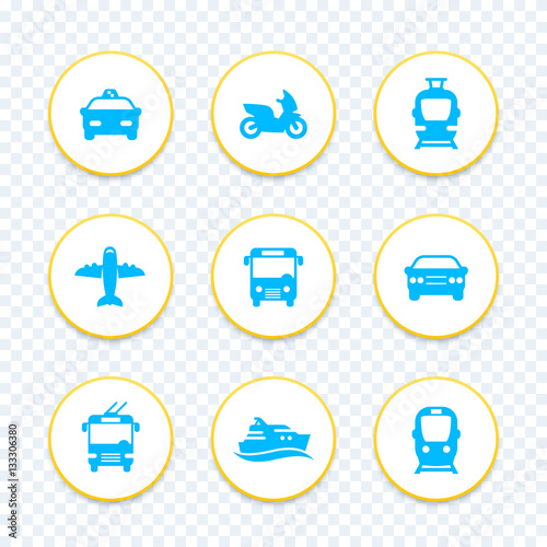 Passenger transport icons set, public transportation, bus, subway, tram, taxi, airplane, ship