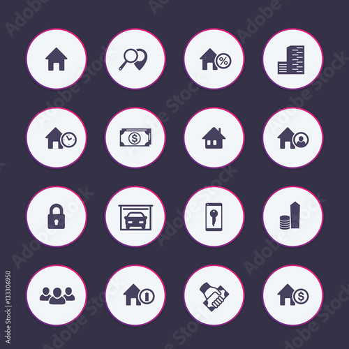 Real estate icons set, apartments, houses for rent, building, renting, lodging, booking, vector illustration