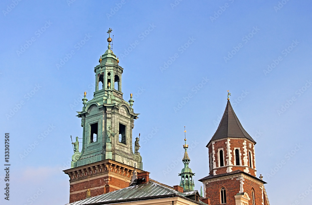 Domes of the Royal Archcathedral Basilica of Saints Stanislaus and Wenceslaus on the Wawel Hill, Krakow, Poland