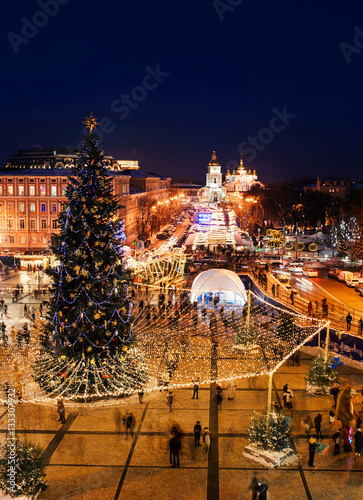 Xtree with new year decorations on the Sophia's Square in the center of Kiev, Ukraine photo
