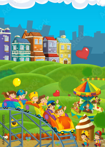Cartoon happy and funny traditional scene with amusement park and kids playing - illustration for children © honeyflavour