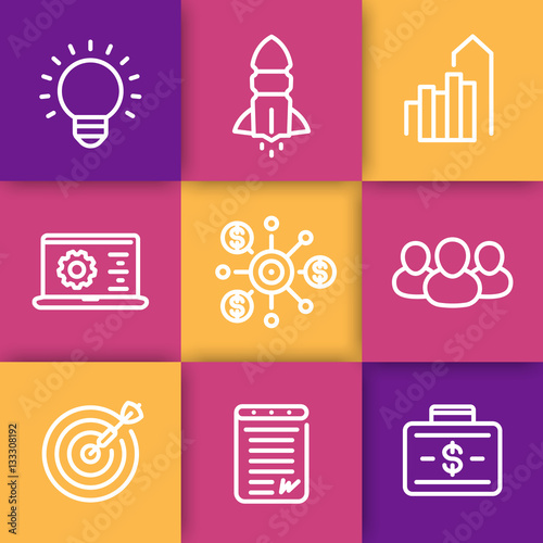 startup line icons set, idea, team, product launch, funding, initial capital, contract, target market