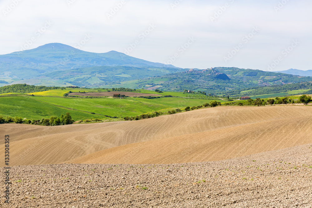 Soil field in a rolling landscape with mountains in the background