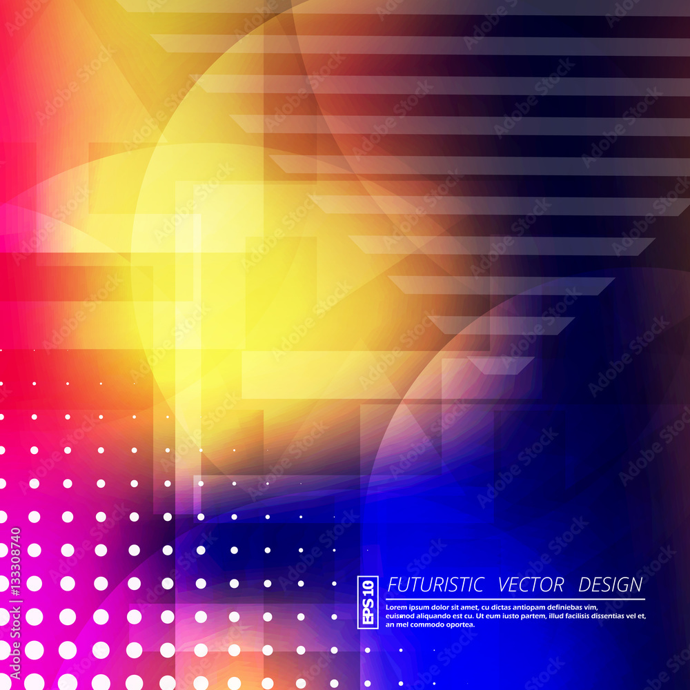 Abstract composition. Futuristic technology backdrop. Rainbow color gradient figure. Blue, pink, yellow, red font texture. Creative banner. Wallpaper. Perforated dots, line flyer fiber. Vector art.