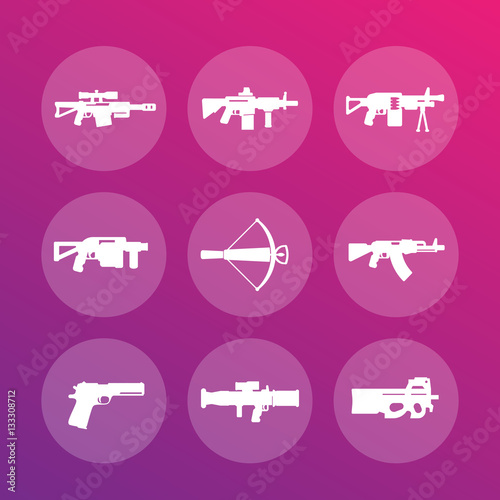 weapons, firearms icons set, sniper and assault rifles, machine gun, crossbow, pistol, grenade, rocket launchers