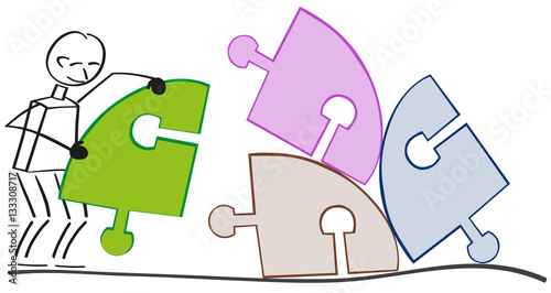 Männchen Packt Unordnung an und räumt Einzelteile auf.