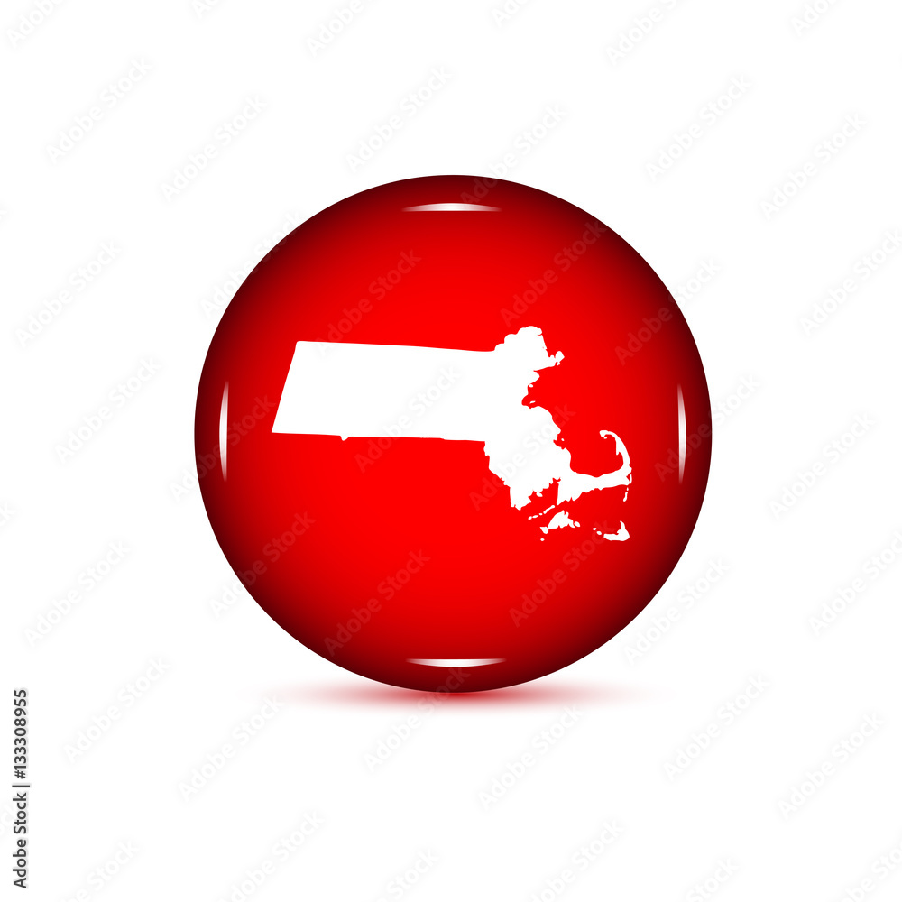 Map of the U.S. state of Massachusetts. Red button on a white ba - obrazy, fototapety, plakaty 