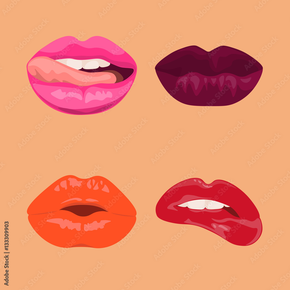 Set of 4 sexy bright mouths, erotic seductive lips, passion Set of 4 sexy bright mouths, erotic seductive lips, passion