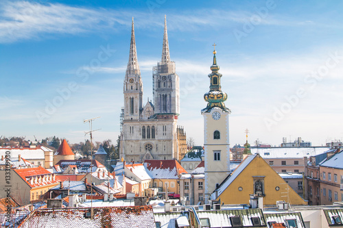 Panoramic view of cathedral in Zagreb, Croatia, from Upper town, winter, snow on roofs