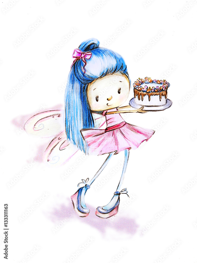 Cute little girl with birthday cake Stock Illustration | Adobe Stock