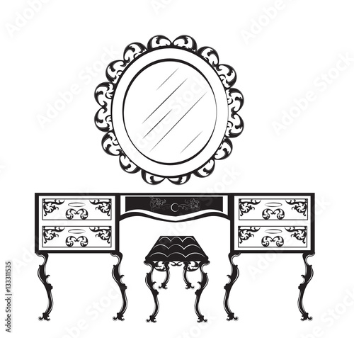 Dressing table silhouette. Vector illustration isolated on white background. Vintage Gothic style dressing table and chair furniture. Hermitage decorated mirror frame