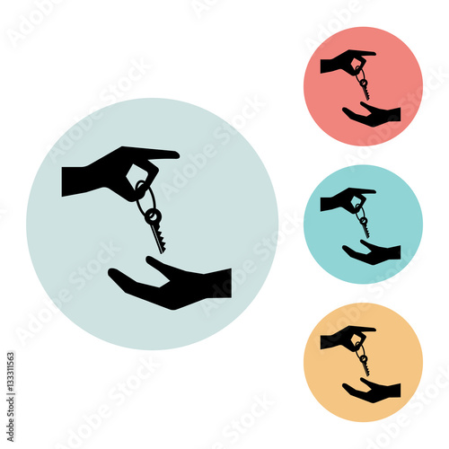 Hands with key icon isolated vector sign symbol, on blue, red, yellow background. Hotel elements. Can be used in logo, UI and web design