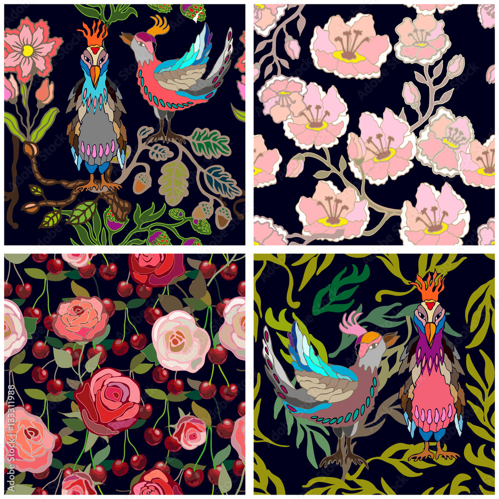 Japanese garden. Birds and flowers. Stock Vector Adobe Stock