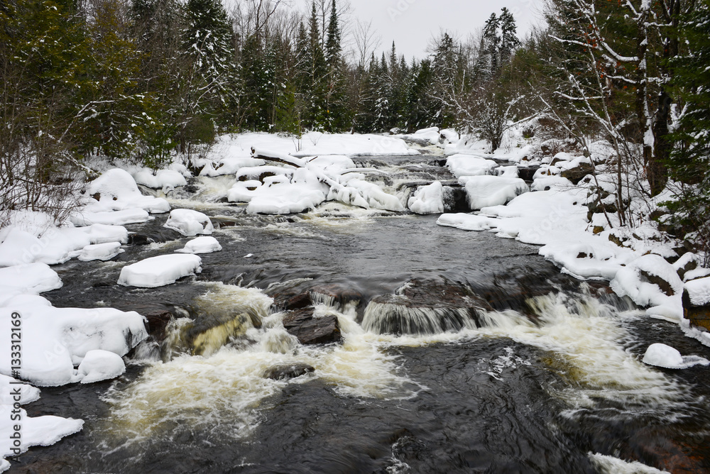 Winter river waterfalls and rapids with ice and snow Winter river waterfalls and rapids with ice and snow