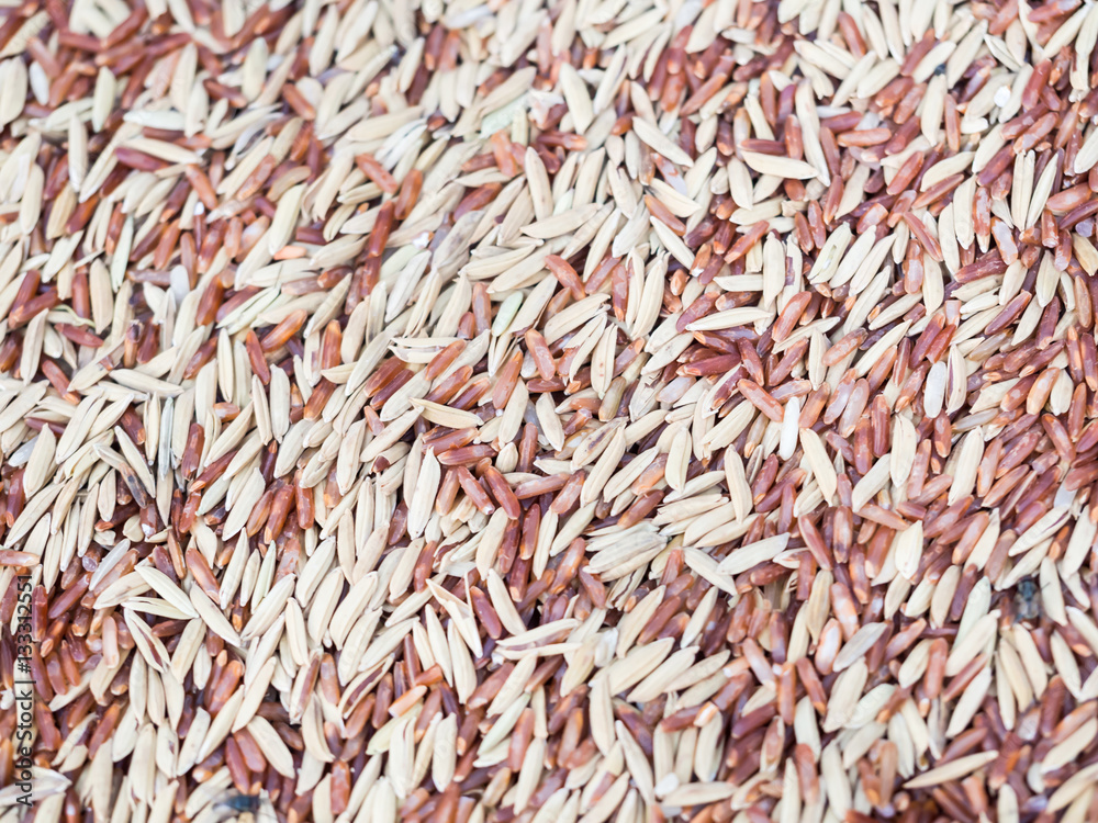 Closeup, abstract red raw rice and paddy pattern for food backgr