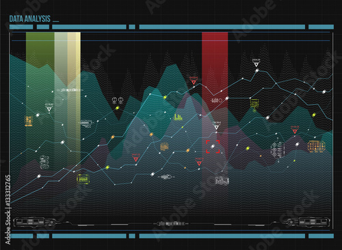 Data analysis visualization. Futuristic infographic. Information aesthetic design. Visual data complexity. Social network representation. Abstract data graph.