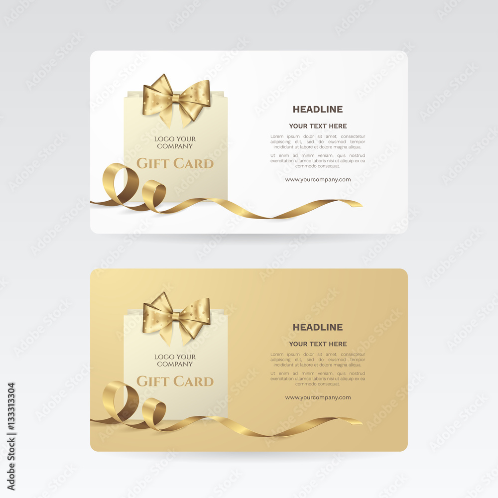 Φωτογραφία Set of elegant gift cards with golden bow, ribbon and paper shopping bag