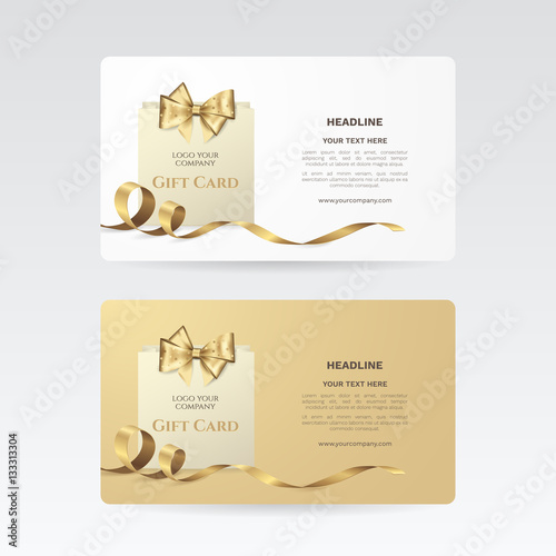 Set of elegant gift cards with golden bow, ribbon and paper shopping bag. Vector template for gift voucher, coupon and credit or discount card. Isolated from the background.