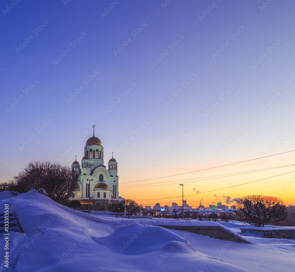 Temple in Yekaterinburg in the winter night Temple in Yekaterinburg in the winter night