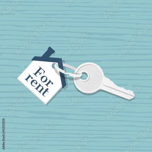 House key with trinket house shaped, isolated on a wooden table background. Rental estate. Sale property template. Vector illustration flat design. Tag as house. 