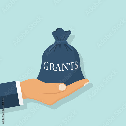 Grant funding, business concept. Vector illustration flat design. Isolated on background. Businessman holding a bag of money in hand for financial support on training, treatment. Financing. 
