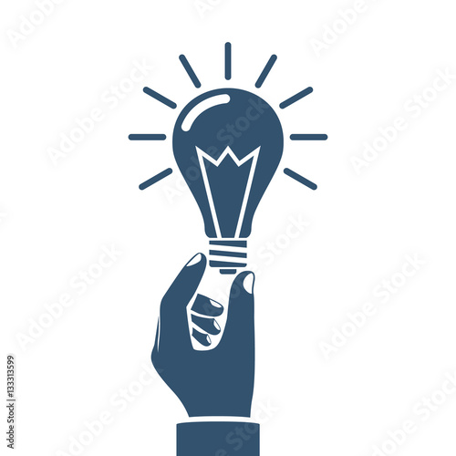Hand holding lightbulb concept silhouette. Business idea icon, solution innovative technology. Creative ideas pictogram. Vector illustration flat style design. Electric lamp in hand.Invention, eureka.