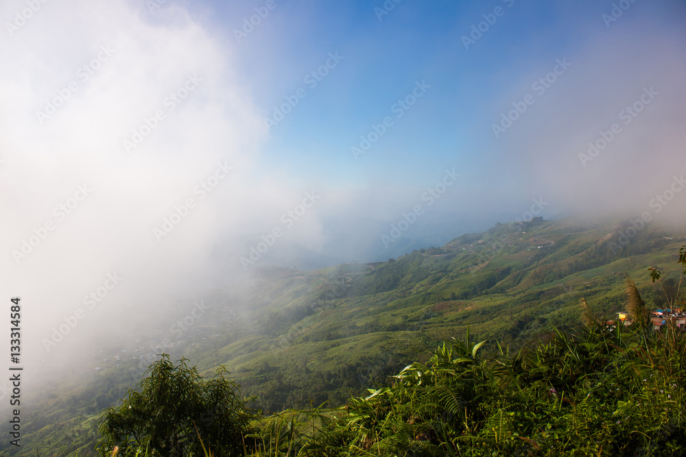 beautiful landscape with mountains and mist at Phu Thap Boek