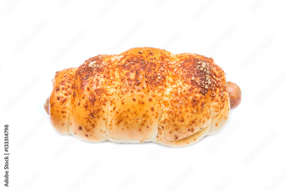 Bread with sausage on white background Bread with sausage on white background