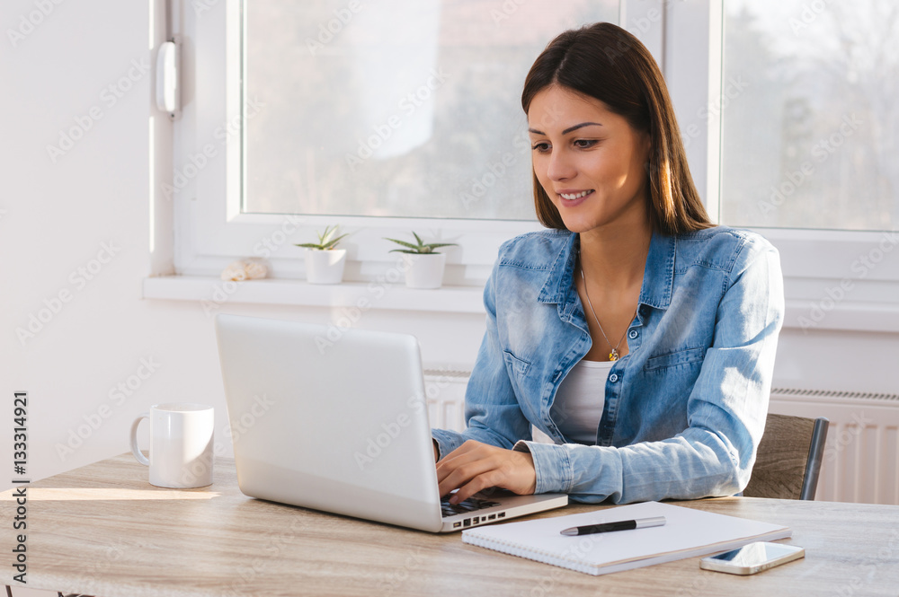 Young girl with laptop computer, sitting in bright living room, Young girl with laptop computer, sitting in bright living room,