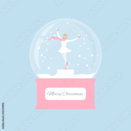 Skater girl dances in the Christmas snow globe. New Year souvenir
