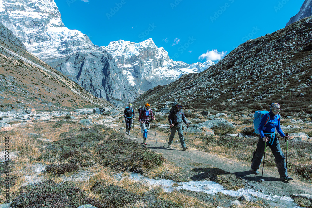 Sport Team of Mountain Climbers walking on Footpath toned