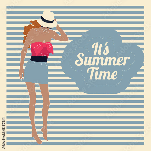 vector image of beautiful tanned girl in a beautiful crane dress with bow in hat on beach during summer time.