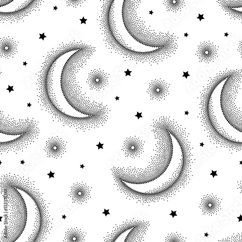 Vector seamless pattern with dotted half moon and stars in black on the white background. Design with astronomy symbols in dotwork style. Monochrome background with crescent and star.