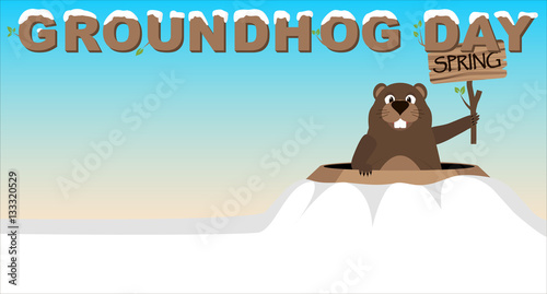 Groundhog shows a tablet with an inscription spring peeping out of a hole. Groundhog Day