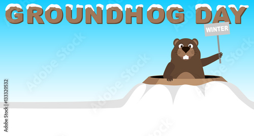 Groundhog climbed out of the hole with a sign winter. Caption sheltered snow Groundhog Day. Groundhog Day