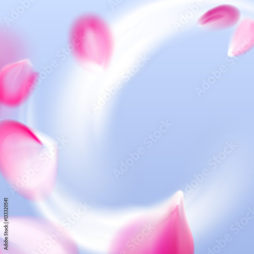 Fresh air flow with flying vector pink petals in the blue sky background