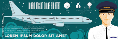 Flying airplane and Pilot. Colorful vector flat banner. Quality design illustration, elements and concept.