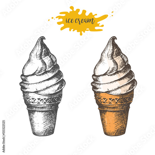 Hand-drawn ice cream isolated on white. Element for fast food menu. Vector object. Sketch, engraving