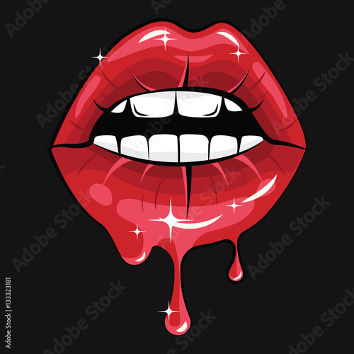 Cartoon fashion illustration with red sexy female lips isolated on black background. Beauty fashion blog concept.