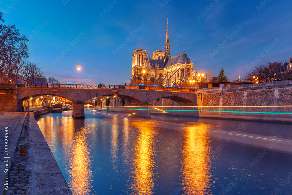 Cathedral of Notre Dame de Paris and bridge Pont de l'Archeveche, Archbishop's Bridge, as seen from Quai de la Tournelle during evening blue hour, Paris, France