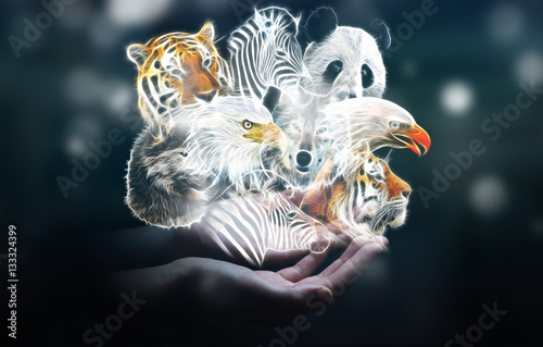 Fototapeta Naklejka Na Ścianę i Meble -  Person holding fractal endangered animal illustration 3D renderi