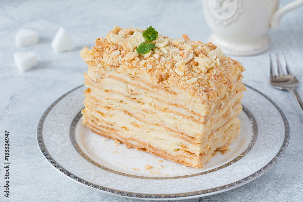 Napoleon cake, russian cuisine layered cake with pastry cream. Close up view