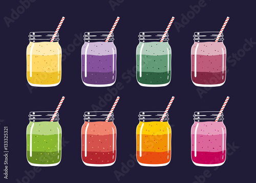 Set of 8 different colorful layered smoothies in mason jars with striped straws. Fresh natural healthy fruit and berry drinks, isolated. Vector hand drawn illustration eps10.