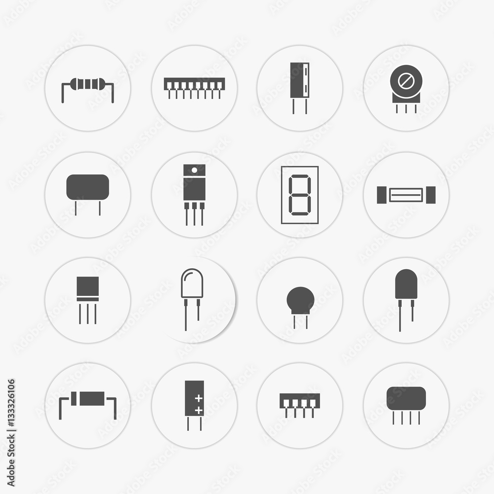 Electronic and radio components vector icon set in flat style Electronic and radio components vector icon set in flat style