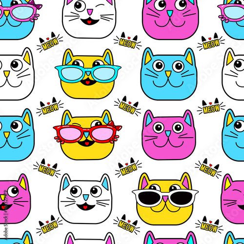 Abstract seamless pattern for girls, boys, clothes. Creative vector background with cat, glasses, eyes, mustache.Funny wallpaper for textile and fabric. Fashion style. Colorful bright.