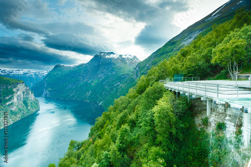 View on Geirangerfjord from Flydasjuvet viewpoint Norway photo