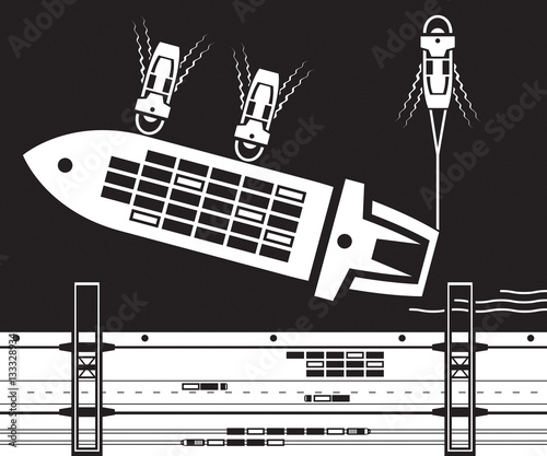 Tugboats towing cargo ship to dock - vector illustration